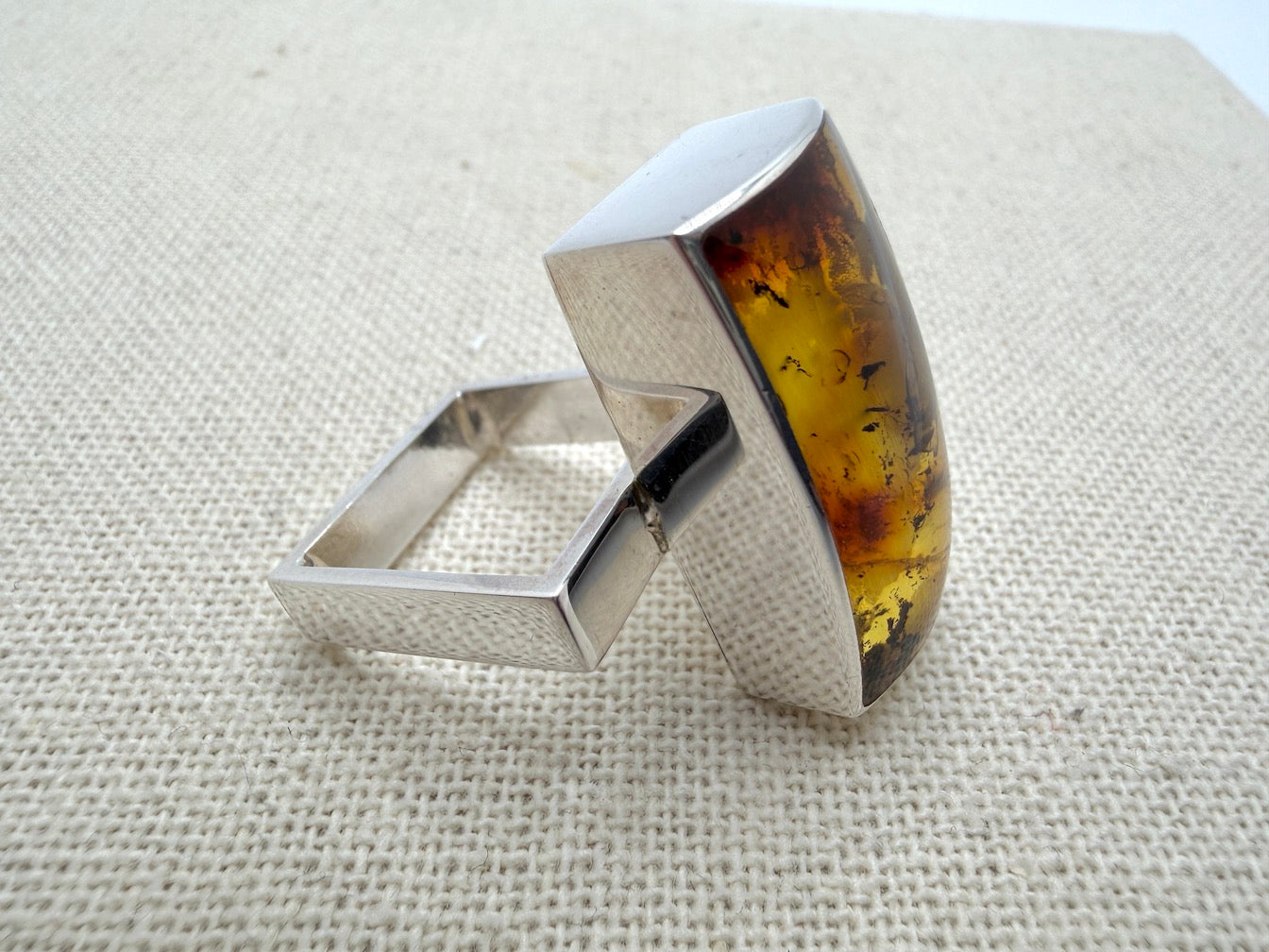 Ambermoda Designer Sterling Silver & Genuine Honey Baltic Amber Avant-Garde Modern Ring with Square Shank
