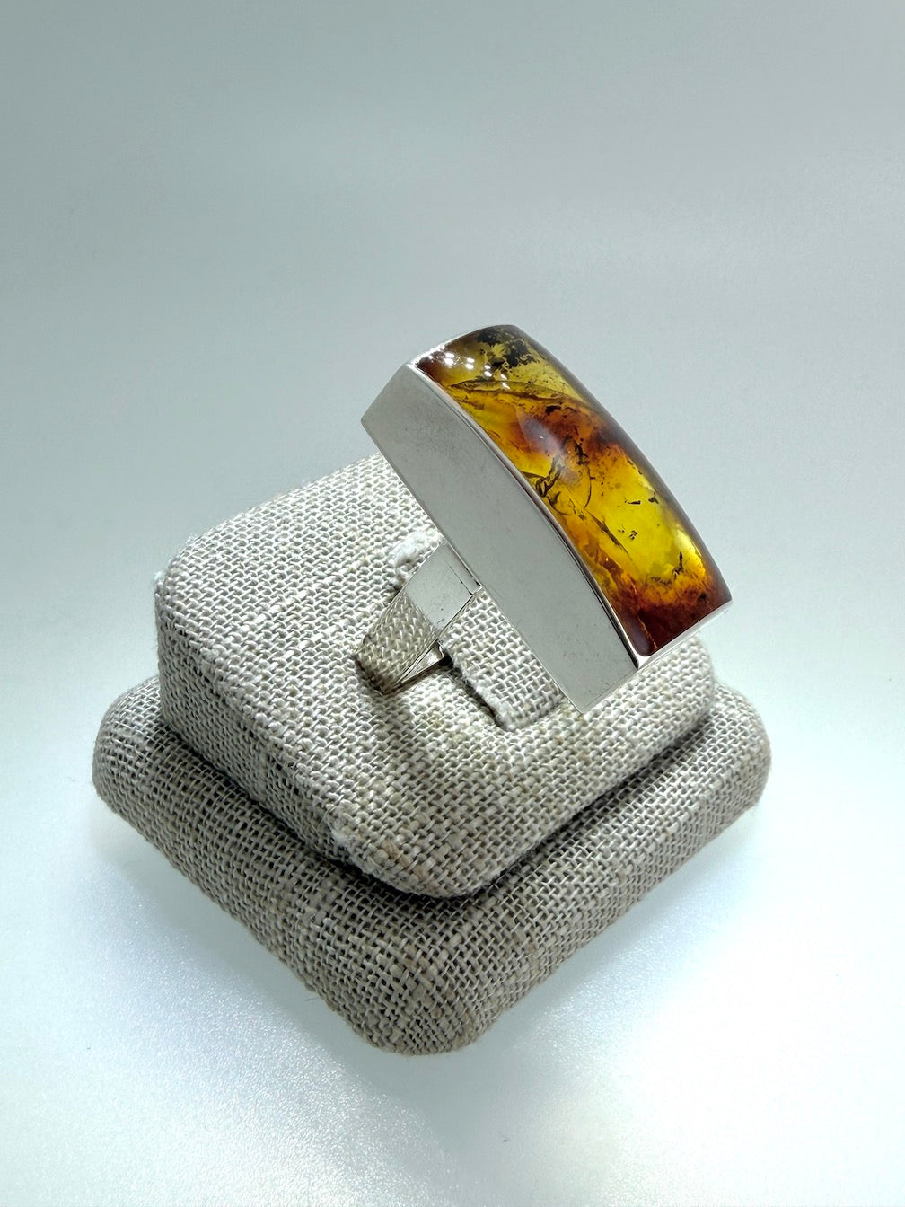 Ambermoda Designer Sterling Silver & Genuine Honey Baltic Amber Avant-Garde Modern Ring with Square Shank