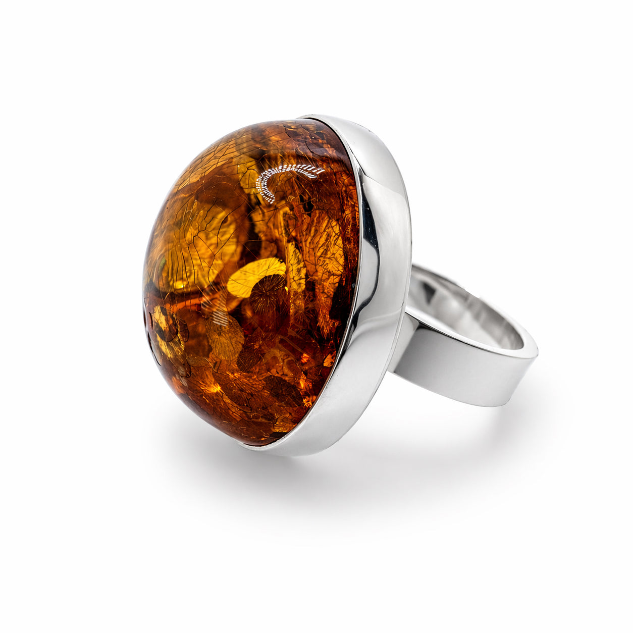 Baltic Amber Statement Ring, Ambermoda Designer Mariusz Gliwiński, Large Honey Cognac Amber Ring, Sterling Silver, Adjustable Ring