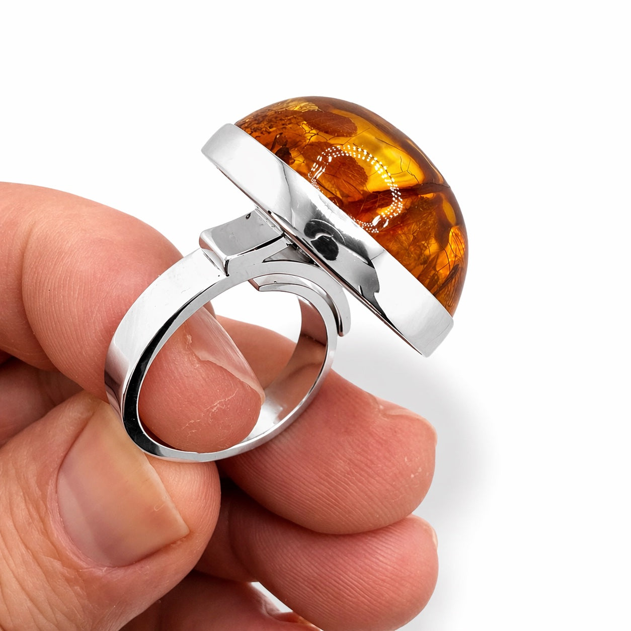 Baltic Amber Statement Ring, Ambermoda Designer Mariusz Gliwiński, Large Honey Cognac Amber Ring, Sterling Silver, Adjustable Ring