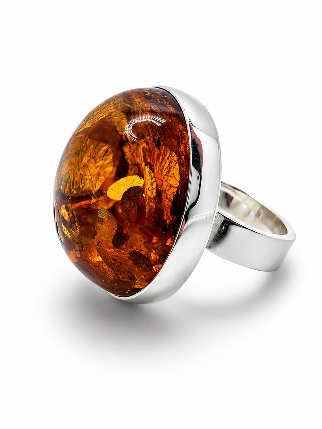 Baltic Amber Statement Ring, Ambermoda Designer Mariusz Gliwiński, Large Honey Cognac Amber Ring, Sterling Silver, Adjustable Ring