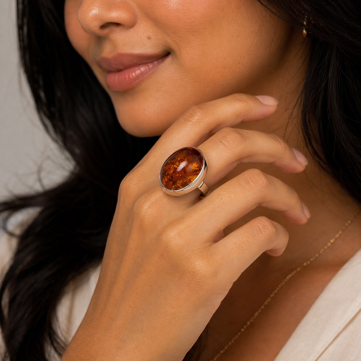 Baltic Amber Statement Ring, Ambermoda Designer Mariusz Gliwiński, Large Honey Cognac Amber Ring, Sterling Silver, Adjustable Ring
