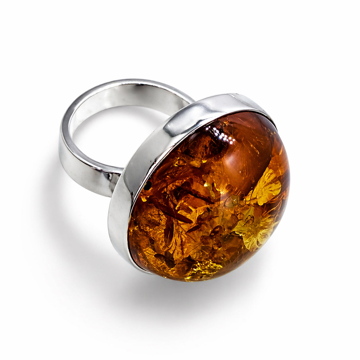 Baltic Amber Statement Ring, Ambermoda Designer Mariusz Gliwiński, Large Honey Cognac Amber Ring, Sterling Silver, Adjustable Ring