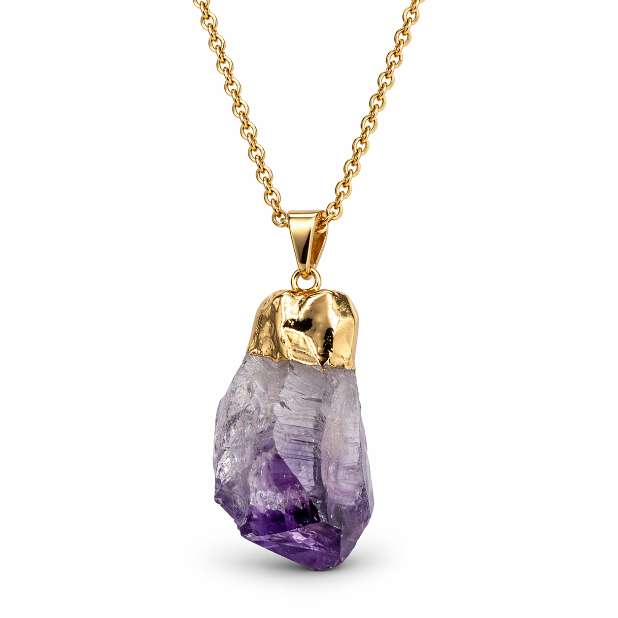Amethyst Spike Pendant Necklace Gold Plated Brass, 18 Inch Chain, Genu