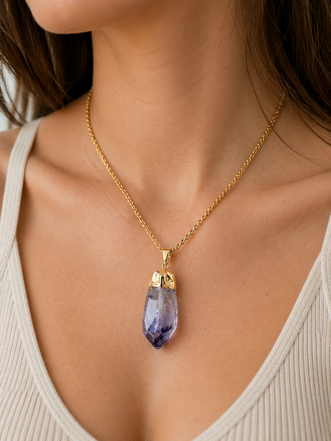 Amethyst Spike Pendant Necklace Gold Plated Brass, 18 Inch Chain, Genuine Brazil Amethyst Crystal Point Necklace, Purple Gemstone Statement Jewelry