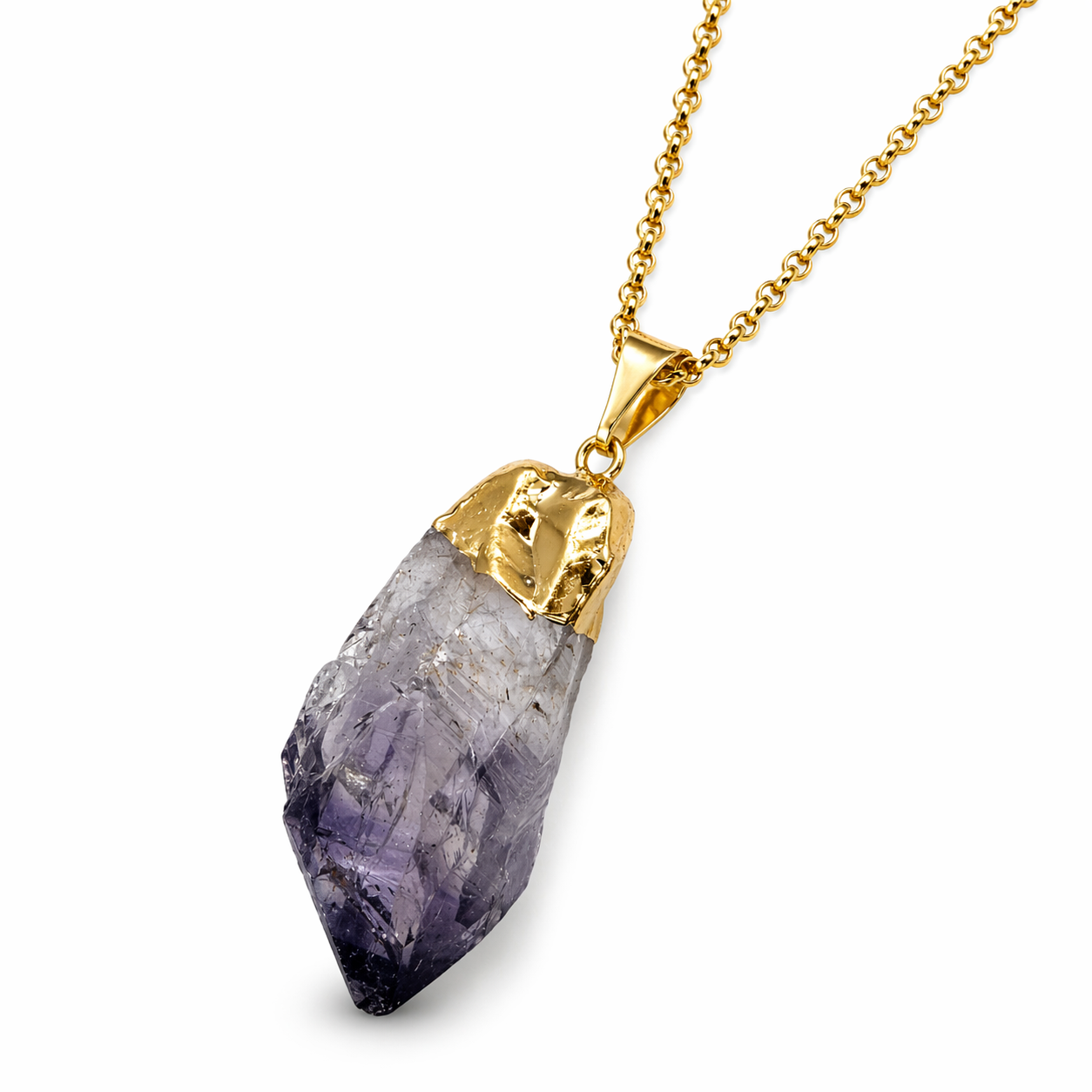 Amethyst Spike Pendant Necklace Gold Plated Brass, 18 Inch Chain, Genuine Brazil Amethyst Crystal Point Necklace, Purple Gemstone Statement Jewelry