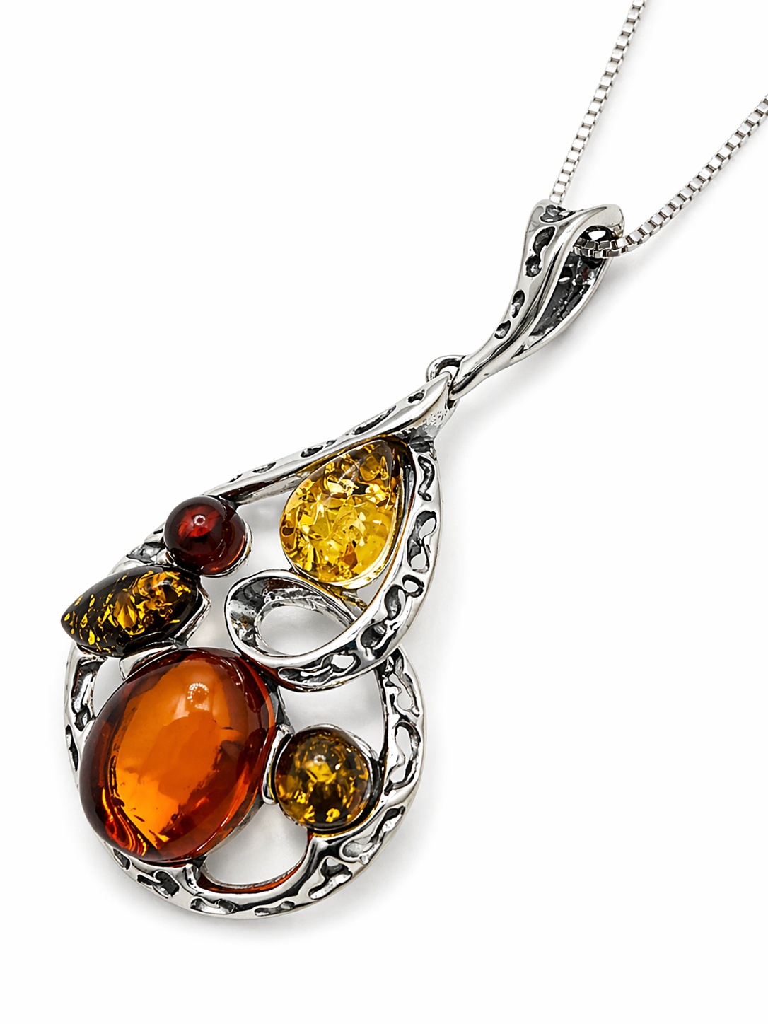 Artisan Multicolor Baltic Amber Pendant in Oxidized Sterling Silver