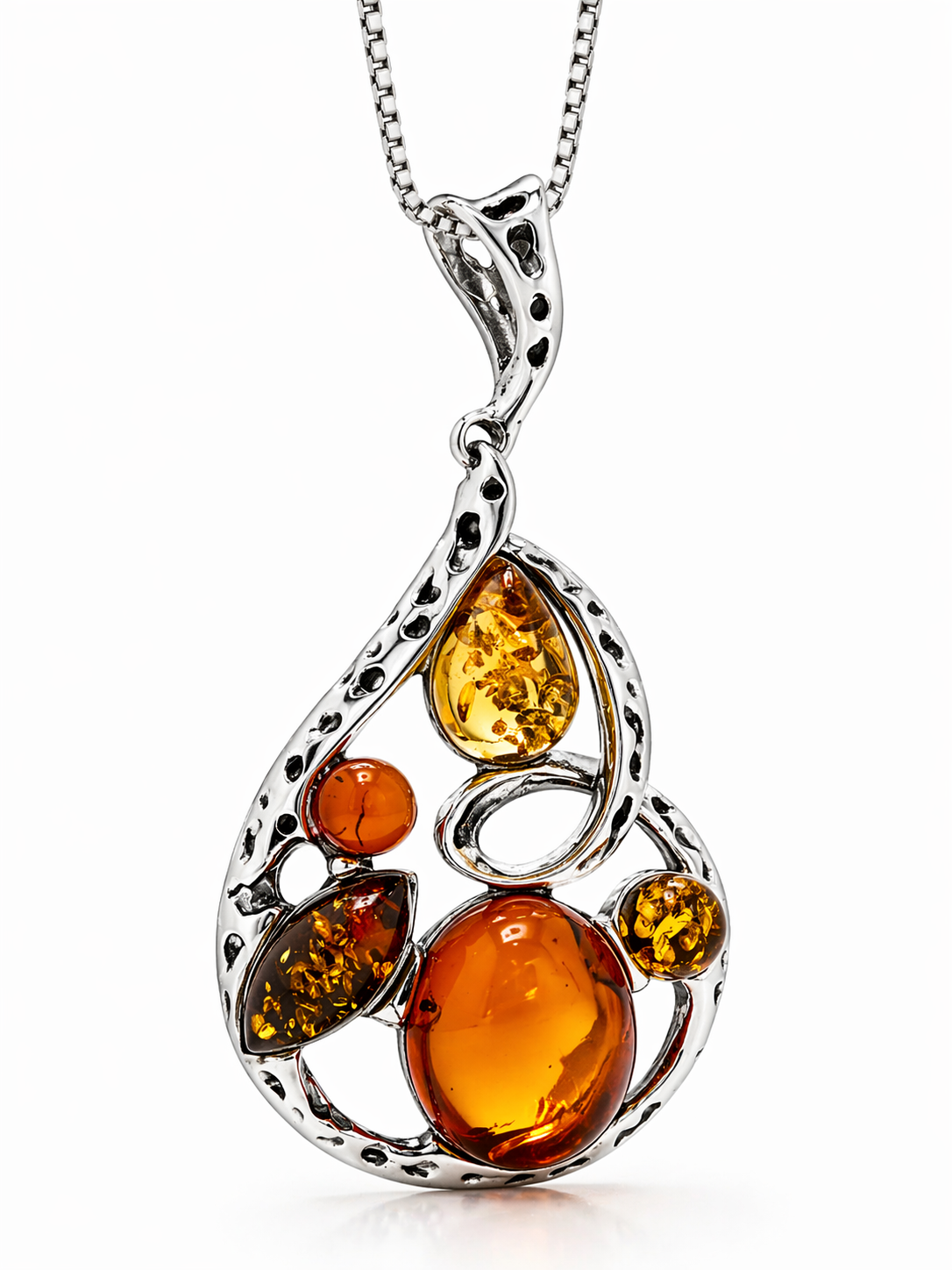 Artisan Multicolor Baltic Amber Pendant in Oxidized Sterling Silver