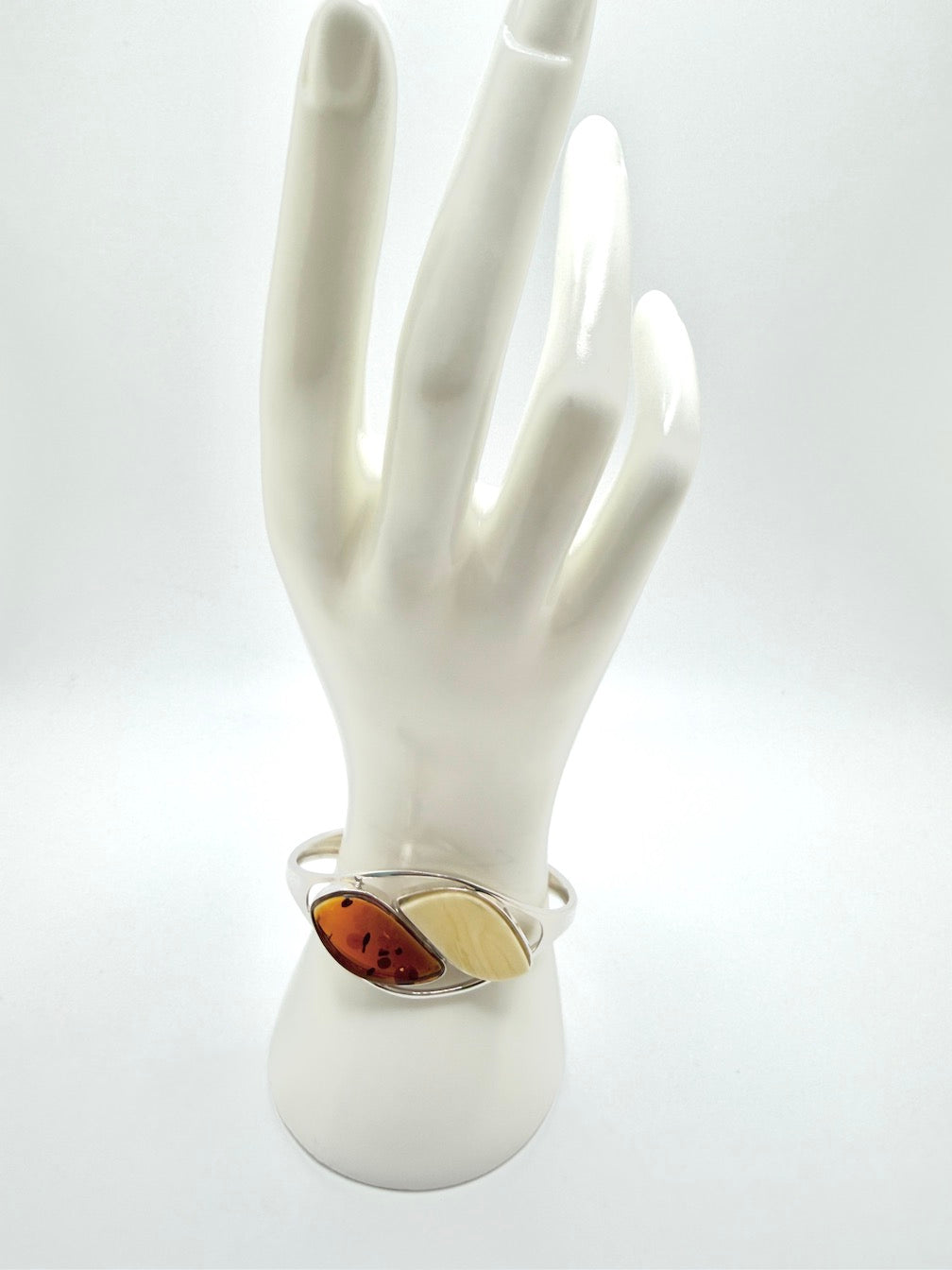 Artistic Modern Handmade Sterling Silver Cuff Bracelet with Genuine Baltic Amber Stones - Cognac and Butterscotch