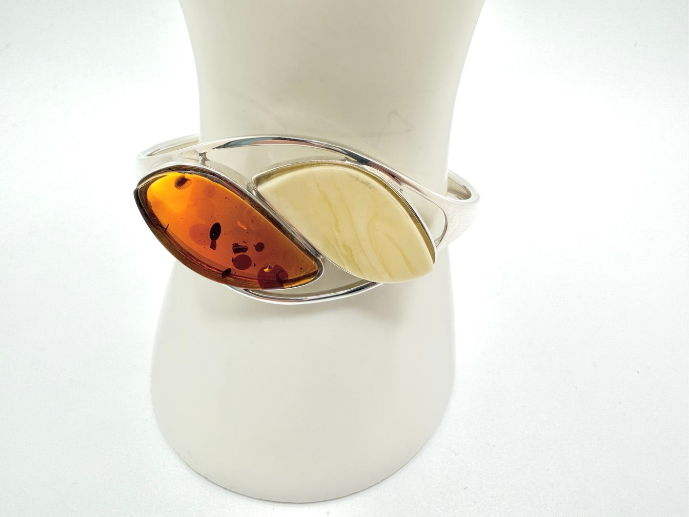 Artistic Modern Handmade Sterling Silver Cuff Bracelet with Genuine Baltic Amber Stones - Cognac and Butterscotch