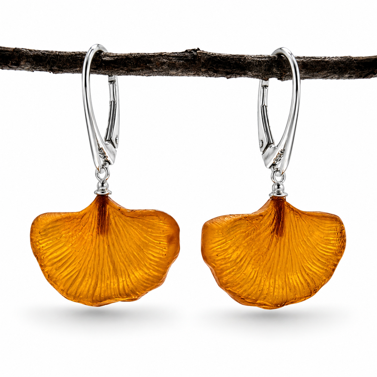 Genuine Baltic Amber Ginkgo Biloba Earrings – Hand Carved Honey Amber – Sterling Silver Lever Back – Nature Inspired Drop Earrings
