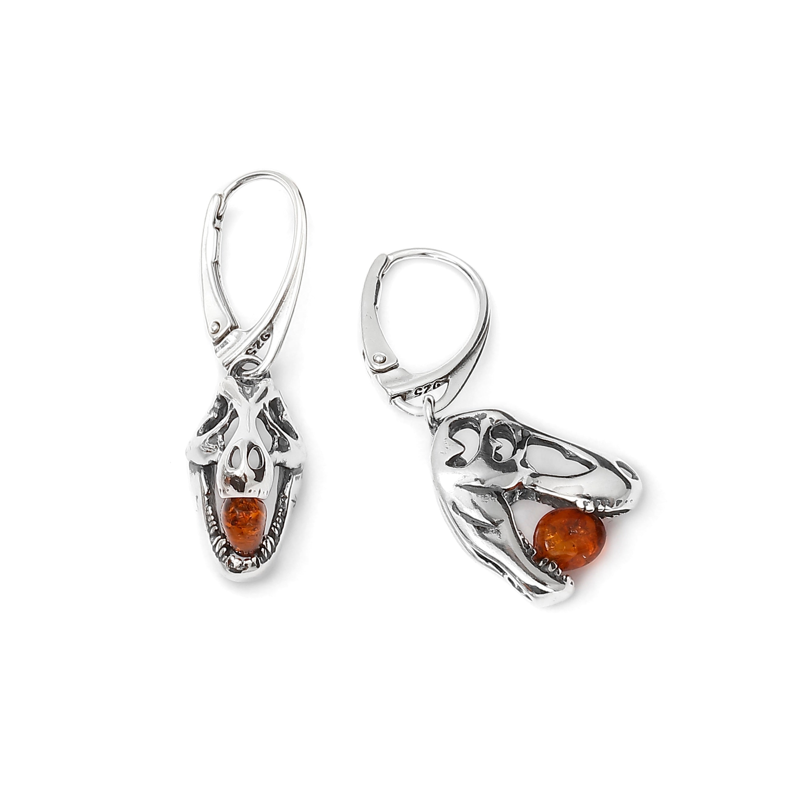 Tyrannosaurus Rex Lever Back Earrings – Sterling Silver & Baltic Amber