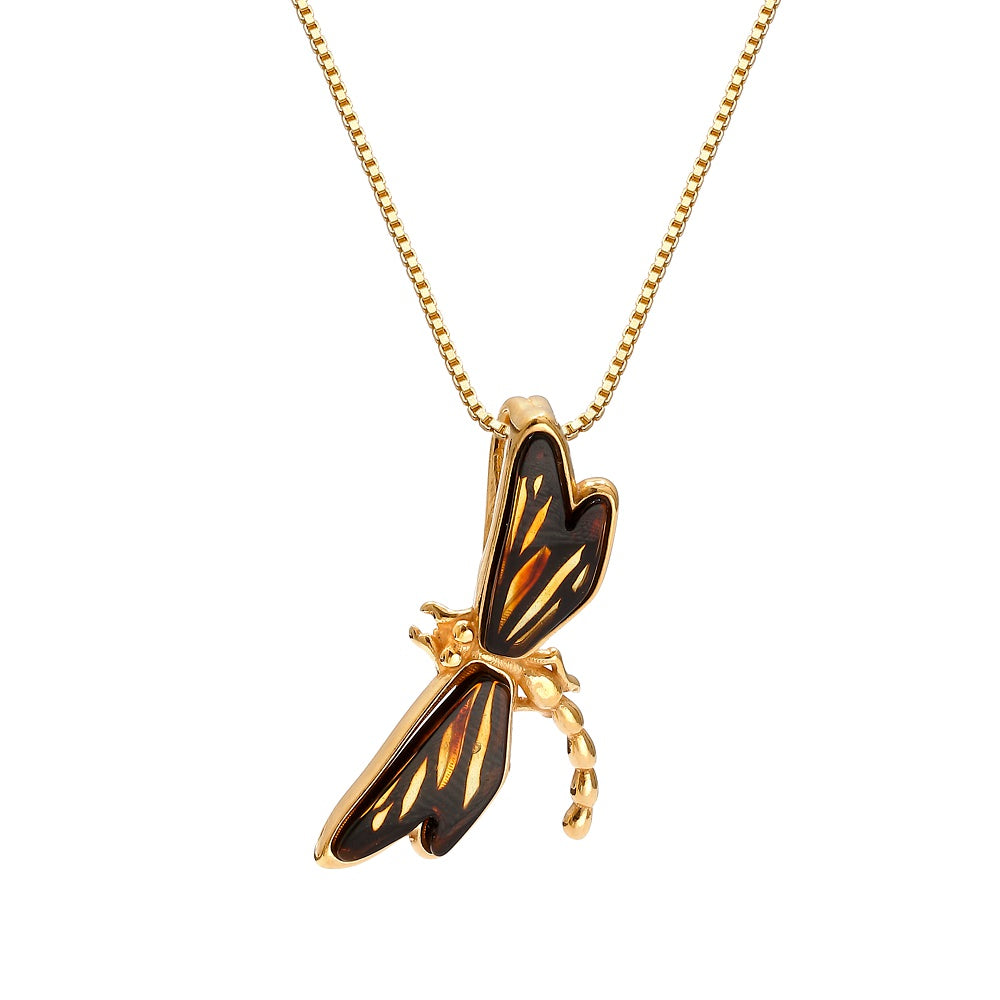 Golden Wings – Baltic Amber Dragonfly Pendant on Gold Platted Silver Chain