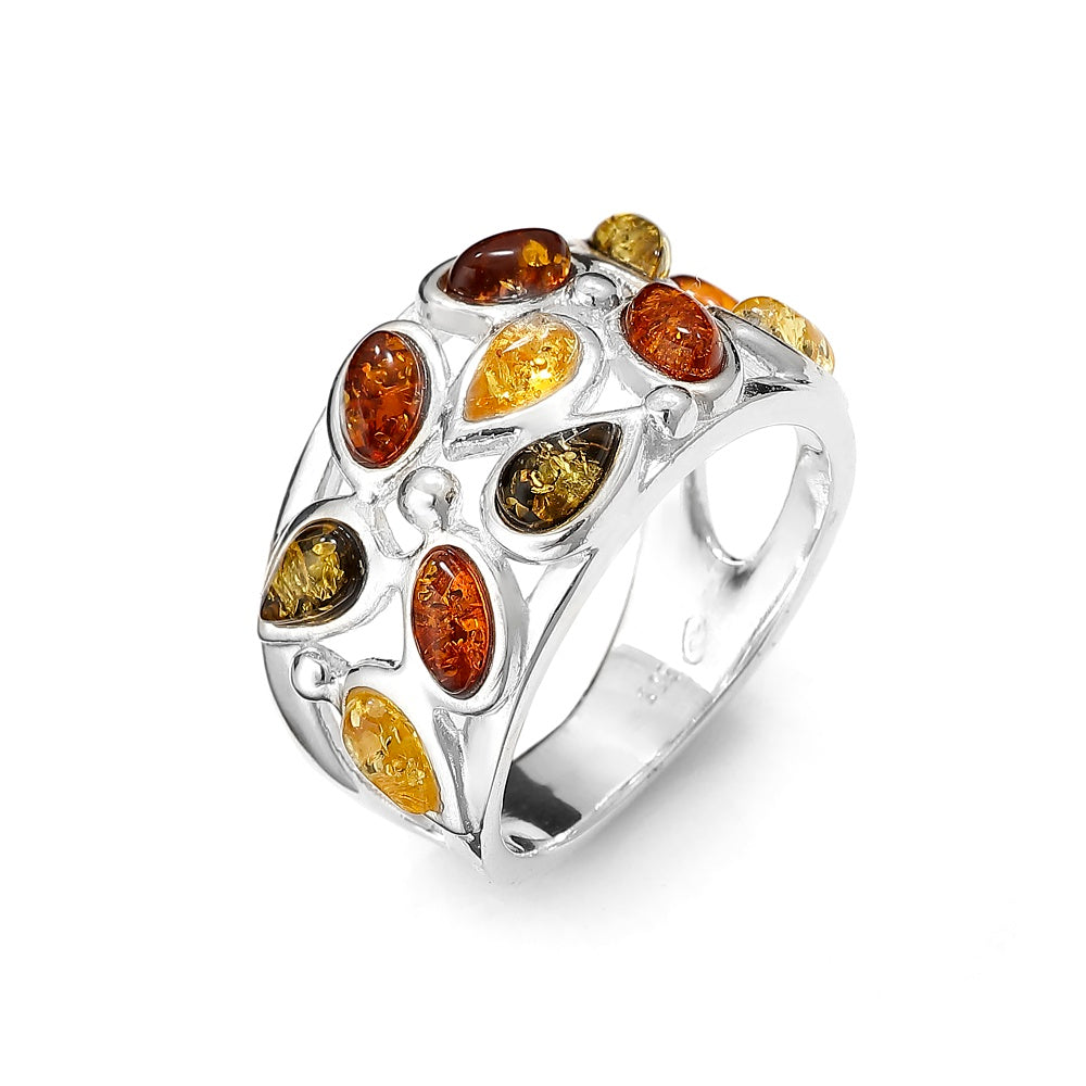 Sterling Silver Baltic Amber Wide Band Ring – Handmade in Poland 