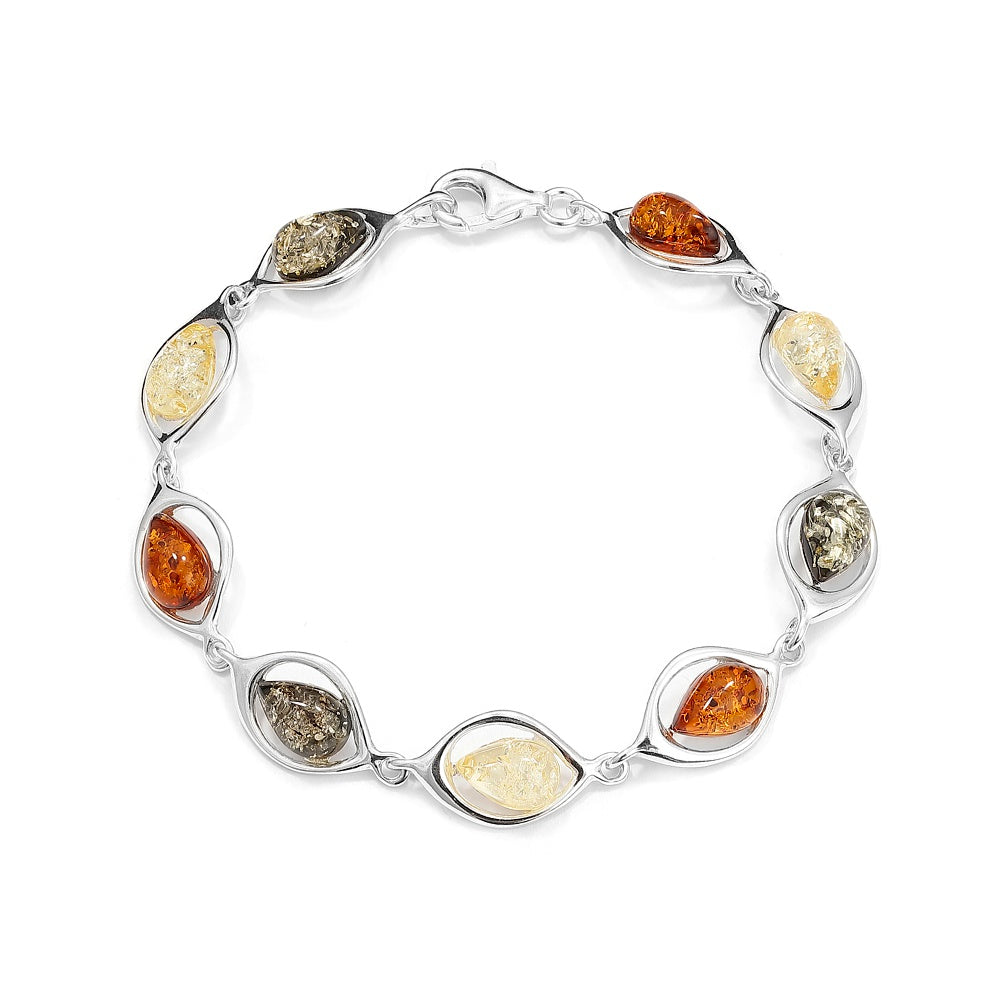 Sterling Silver Multi Color Baltic Amber Link Bracelet – Handmade in Poland