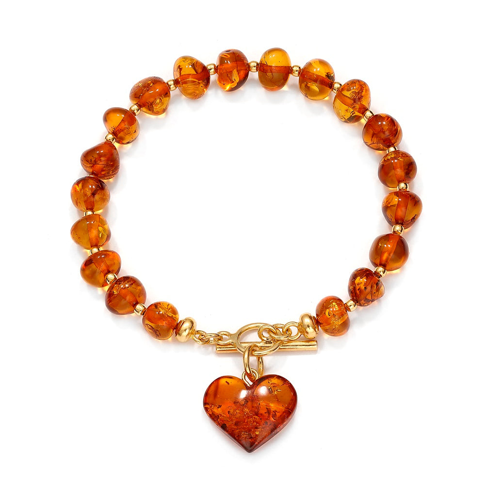 Handmade Honey Baltic Amber Bead Bracelet with Heart Charm – Genuine Baltic Amber & Gold Plated Sterling Silver Toggle