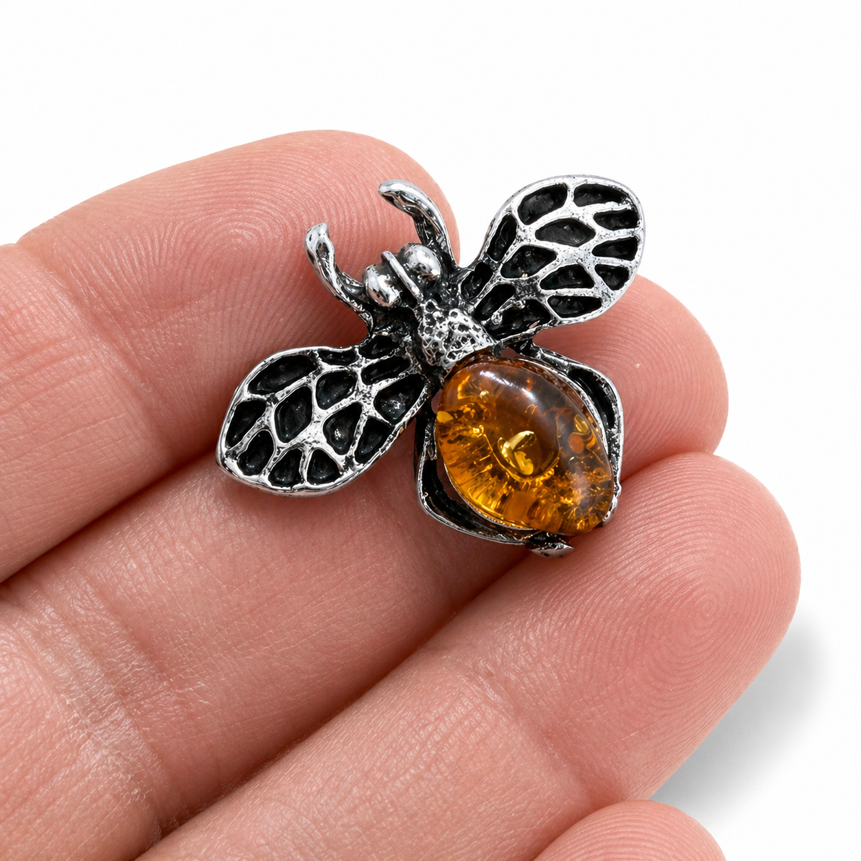 Baltic Amber Bumblebee Brooch | Sterling Silver Plated Brass