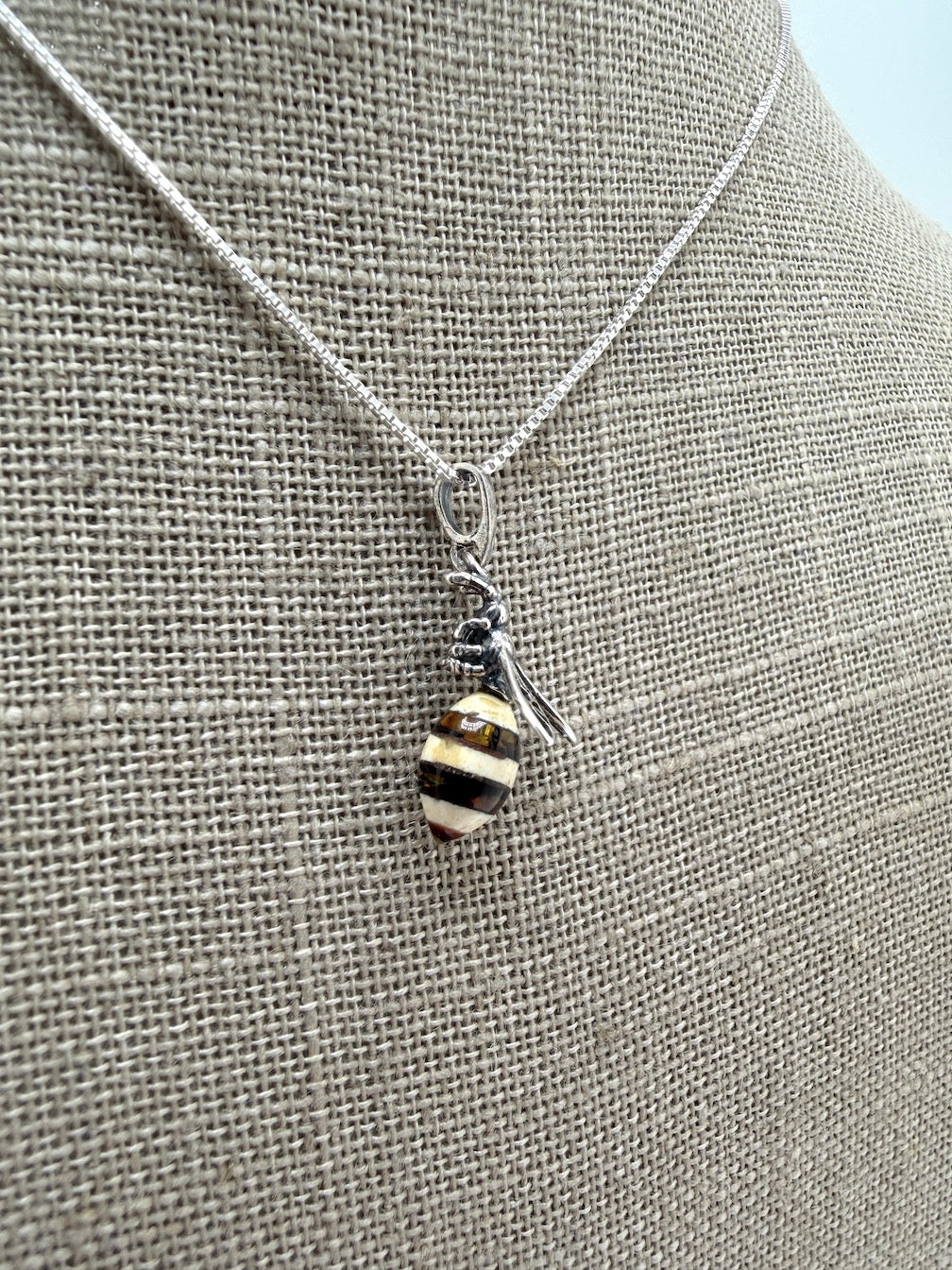 Baltic Amber Bumblebee Pendant – Sterling Silver Chain – Whimsical Nature Jewelry – Made in Poland