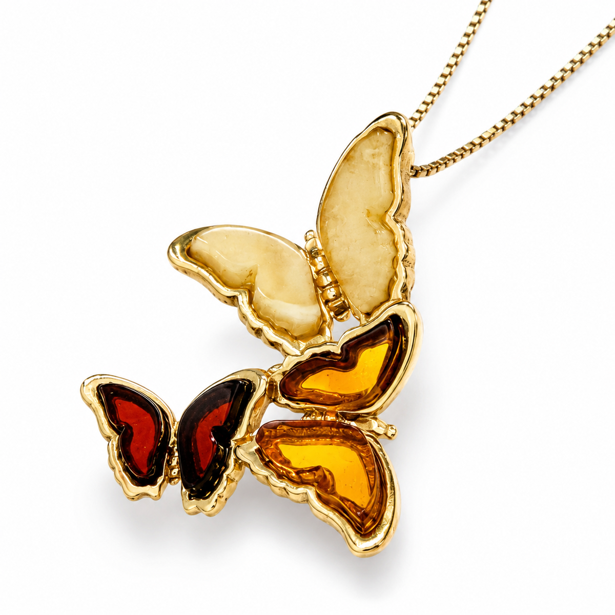 Baltic Amber Butterfly Necklace, Three Butterfly Pendant