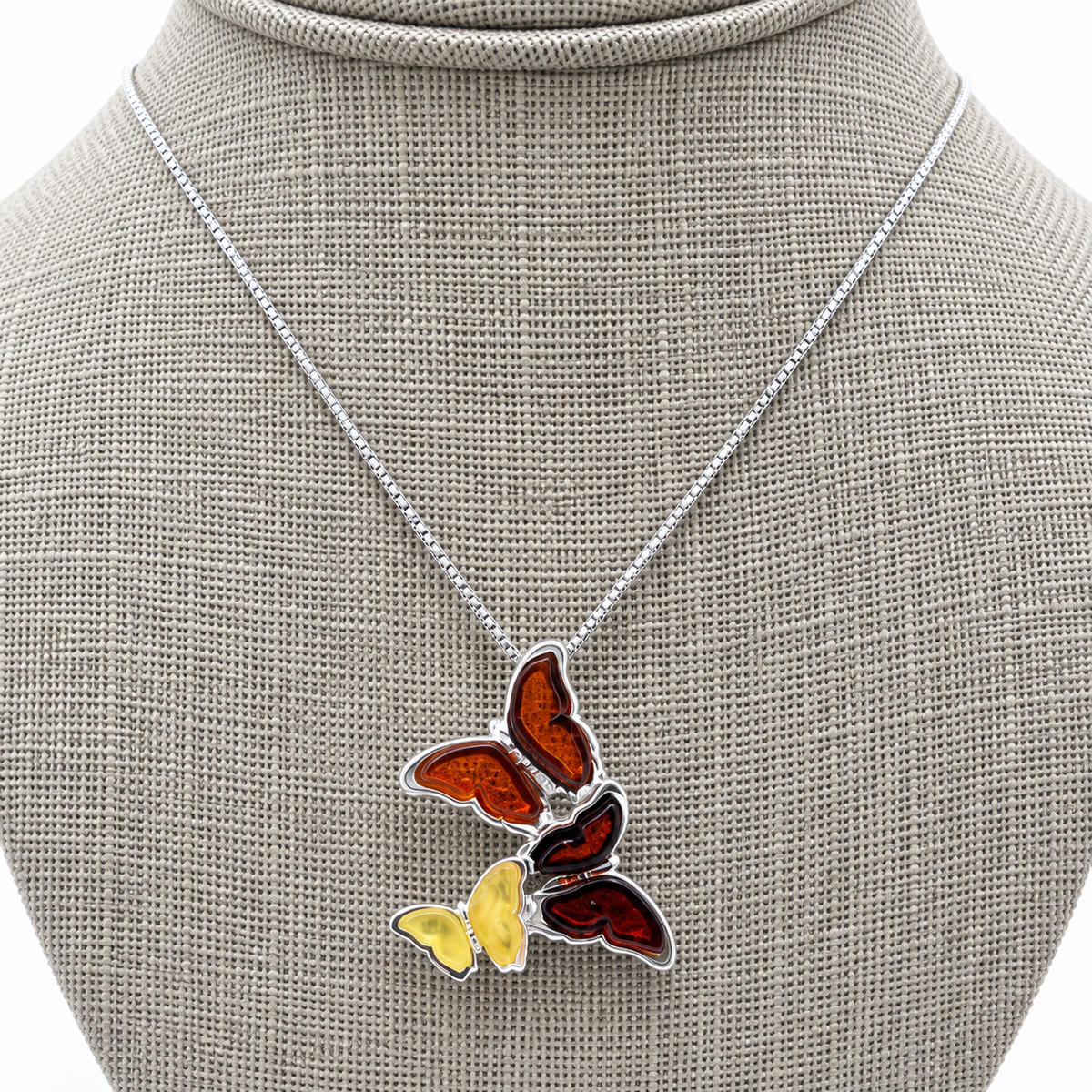 Baltic Amber Butterfly Necklace, Three Butterfly Pendant
