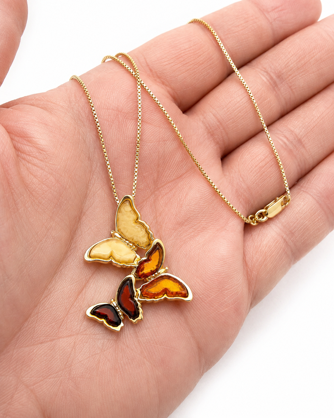 Baltic Amber Butterfly Necklace, Three Butterfly Pendant