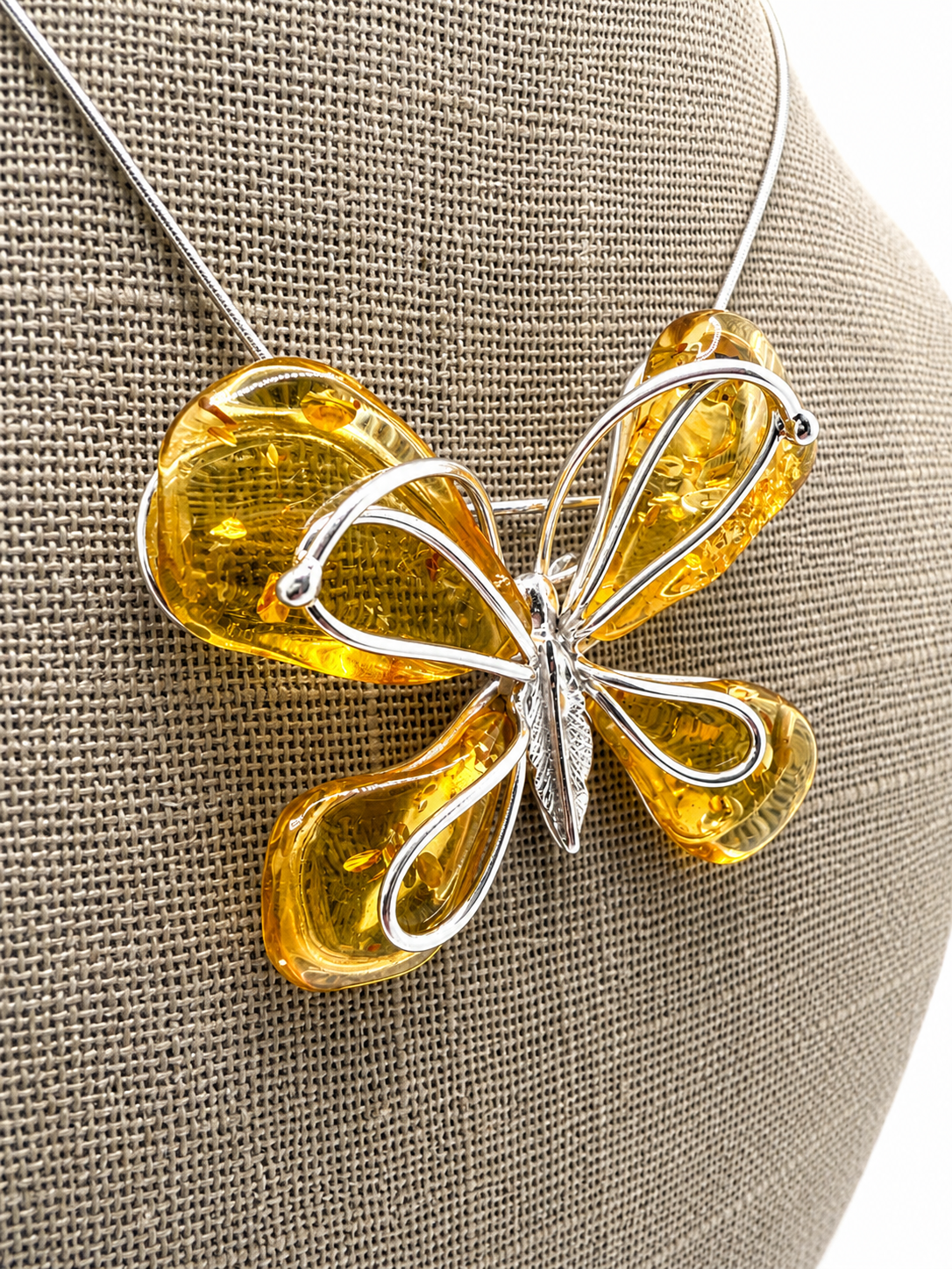 Baltic Amber Butterfly Pendant / Brooch – Sterling Silver Necklace | Lemon Amber | Convertible | One of a Kind