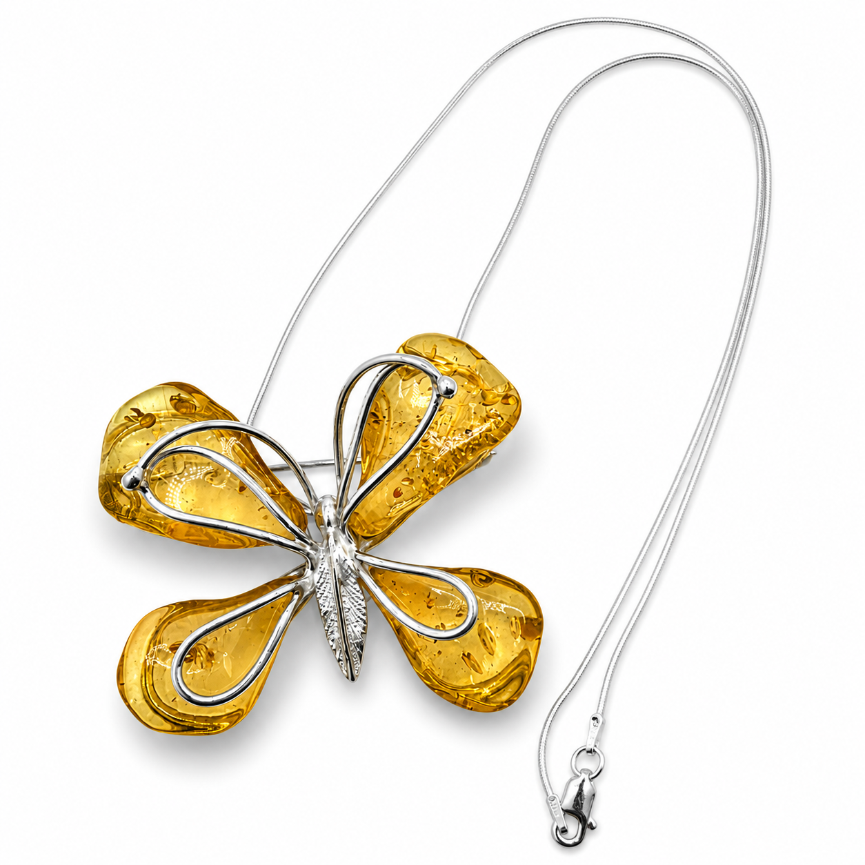Baltic Amber Butterfly Pendant / Brooch – Sterling Silver Necklace | Lemon Amber | Convertible | One of a Kind