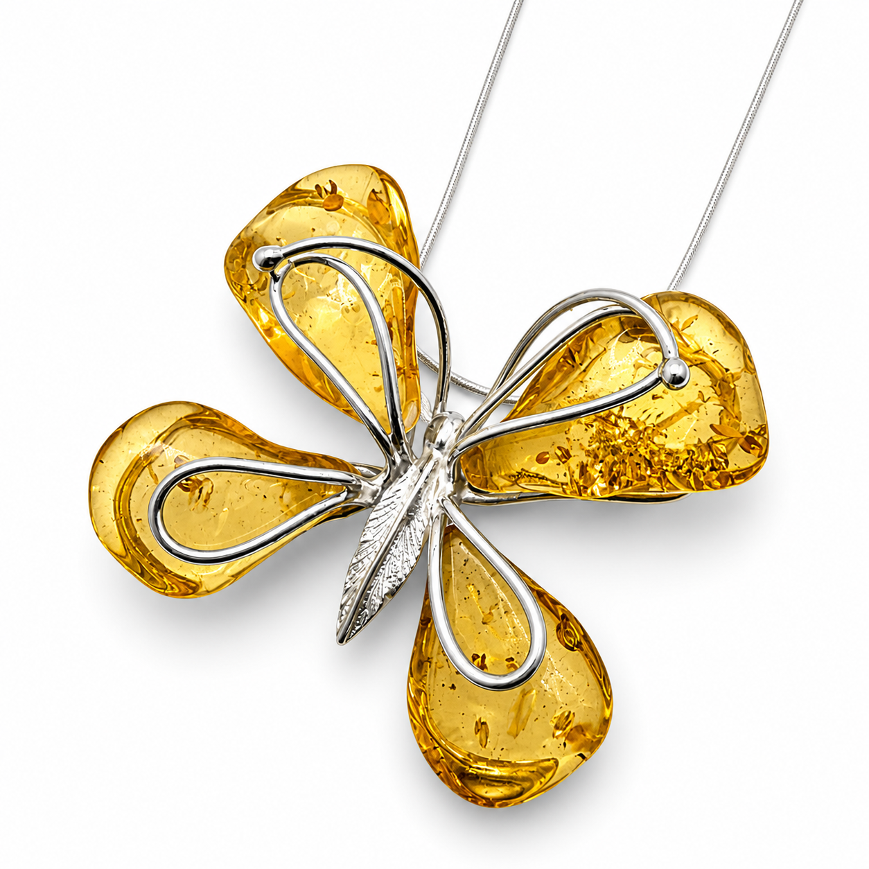 Baltic Amber Butterfly Pendant / Brooch – Sterling Silver Necklace | Lemon Amber | Convertible | One of a Kind