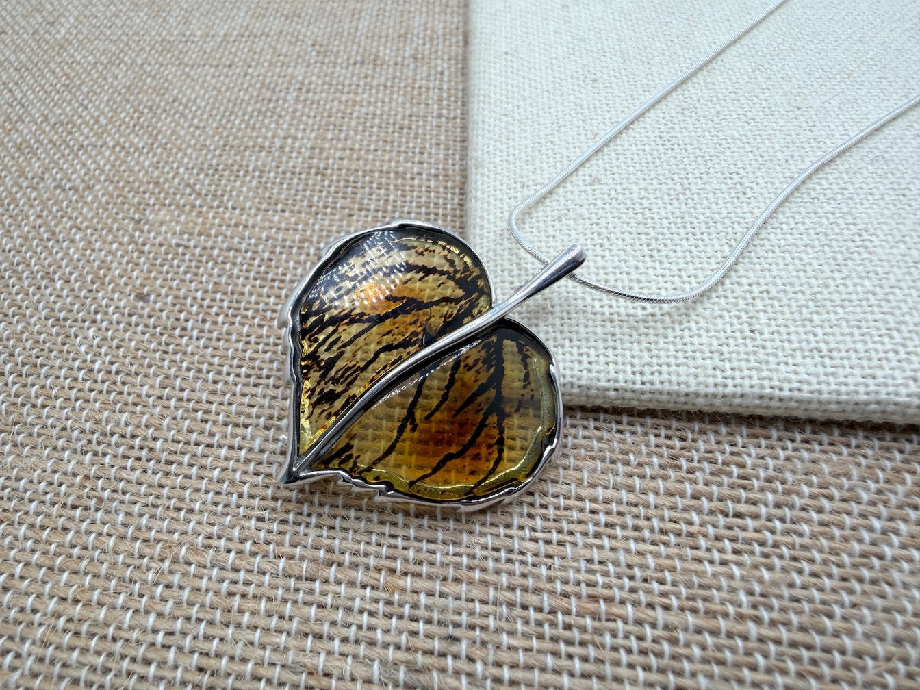 Baltic Amber and Sterling Silver Carved Leaf Pendant Necklace / Convertible Brooch