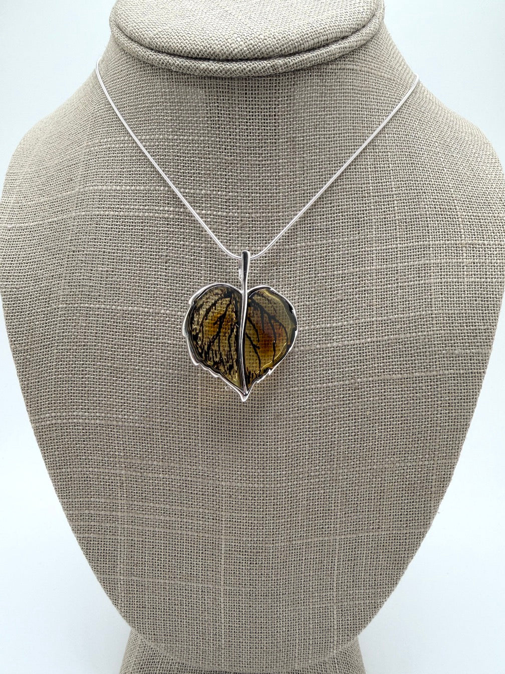 Baltic Amber and Sterling Silver Carved Leaf Pendant Necklace / Convertible Brooch