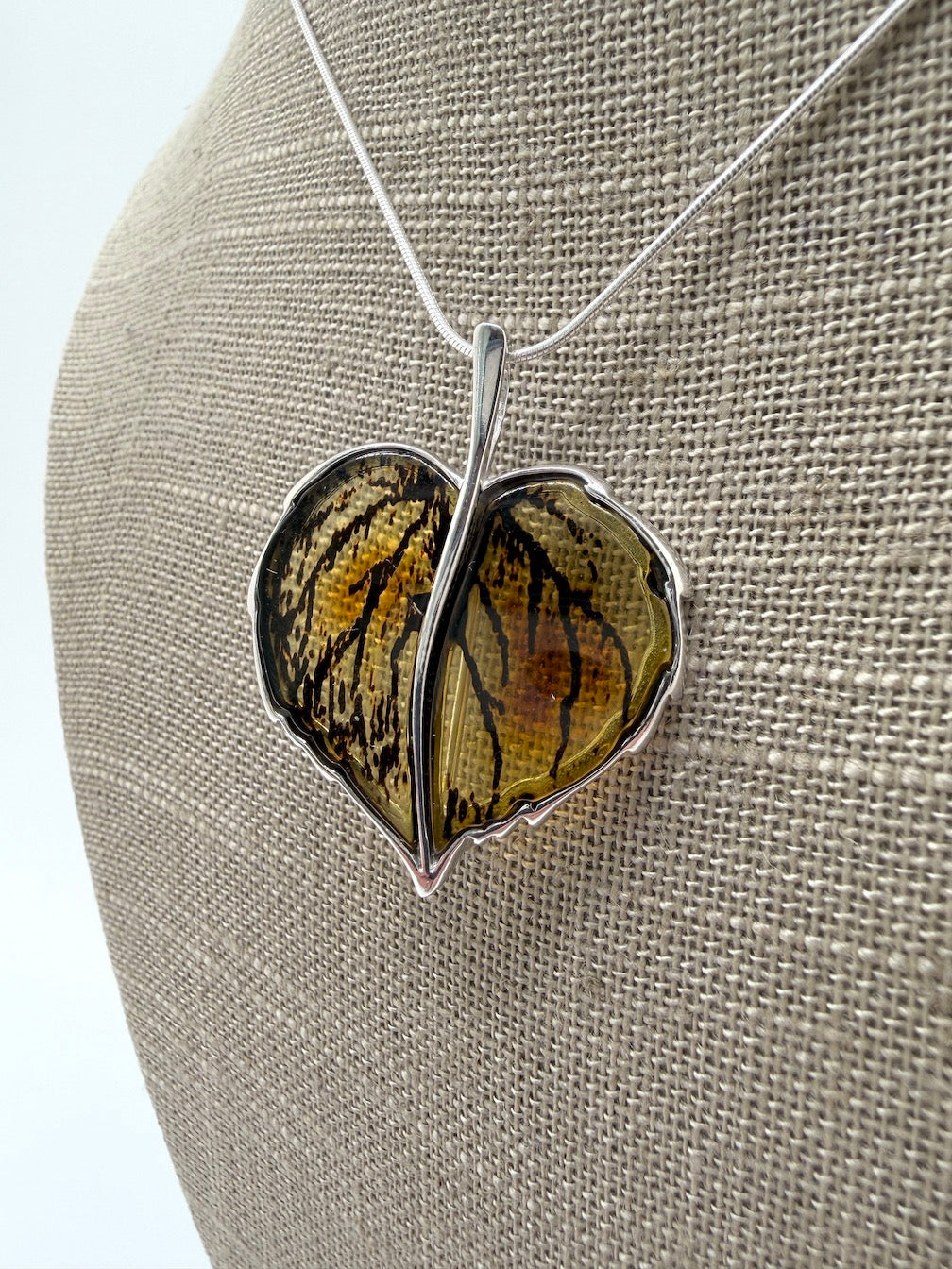 Baltic Amber and Sterling Silver Carved Leaf Pendant Necklace / Convertible Brooch