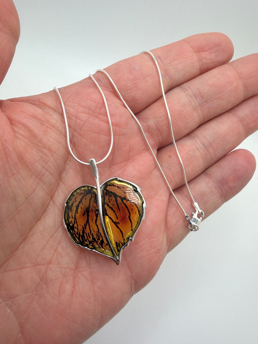 Baltic Amber and Sterling Silver Carved Leaf Pendant Necklace / Convertible Brooch