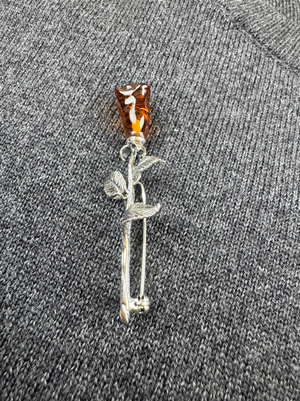 Baltic Amber Carved Rose Brooch in Sterling Silver – Honey Cognac