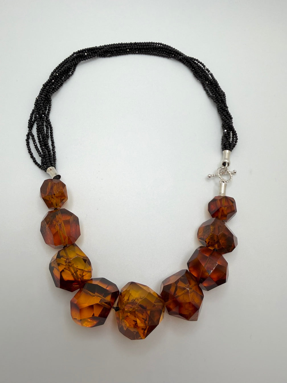 Baltic Amber Chunk Statement Necklace – Cognac Amber on Multi-Strand with Black Onyx and Sterling Silver Toggle – 18”