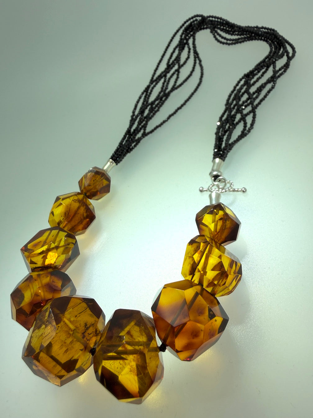 Baltic Amber Chunk Statement Necklace – Cognac Amber on Multi-Strand with Black Onyx and Sterling Silver Toggle – 18”