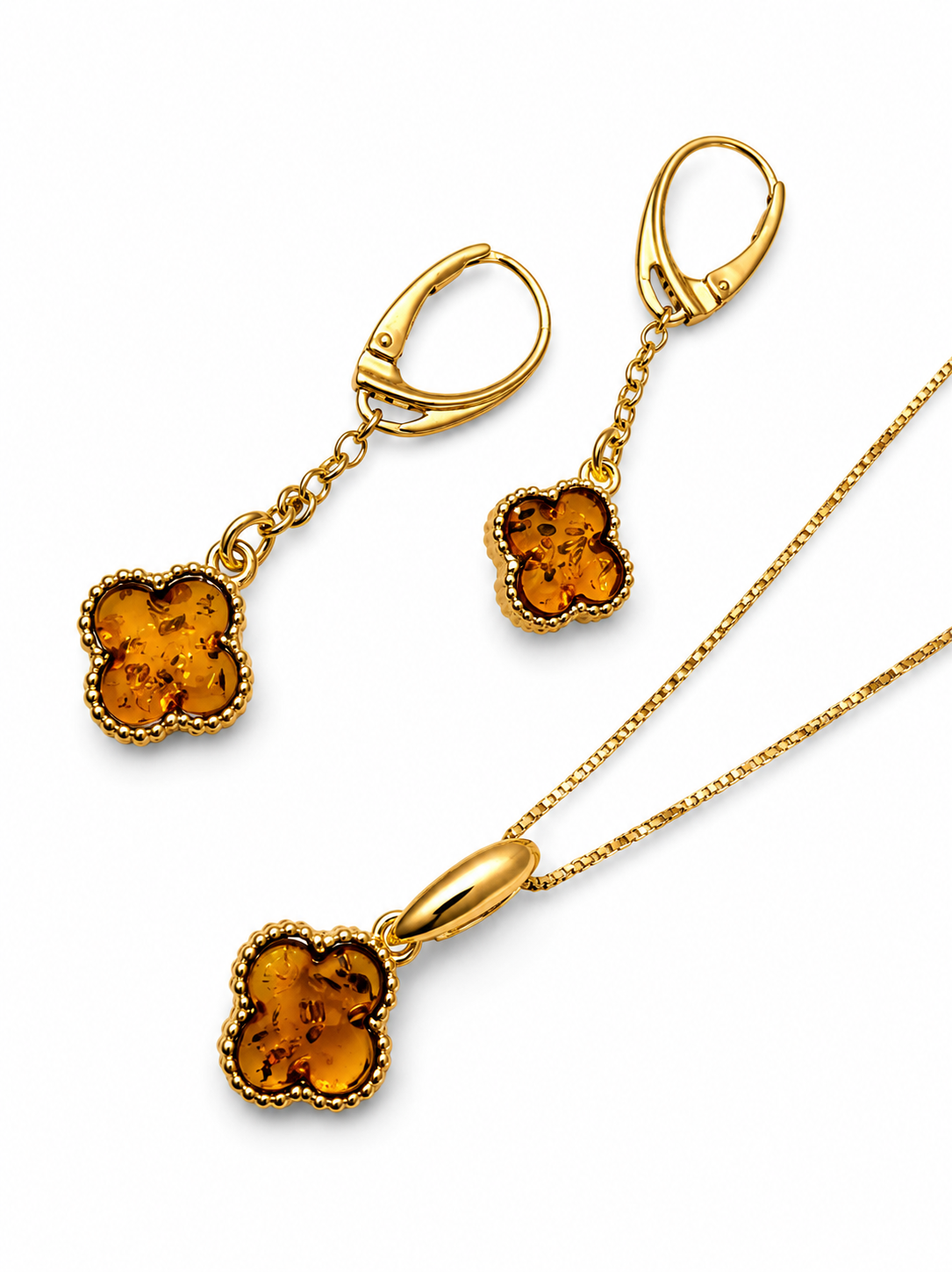 Baltic Amber Clover Jewelry Set – Gold Plated Sterling Silver Necklace, Earrings or Pendant – Cognac Amber 