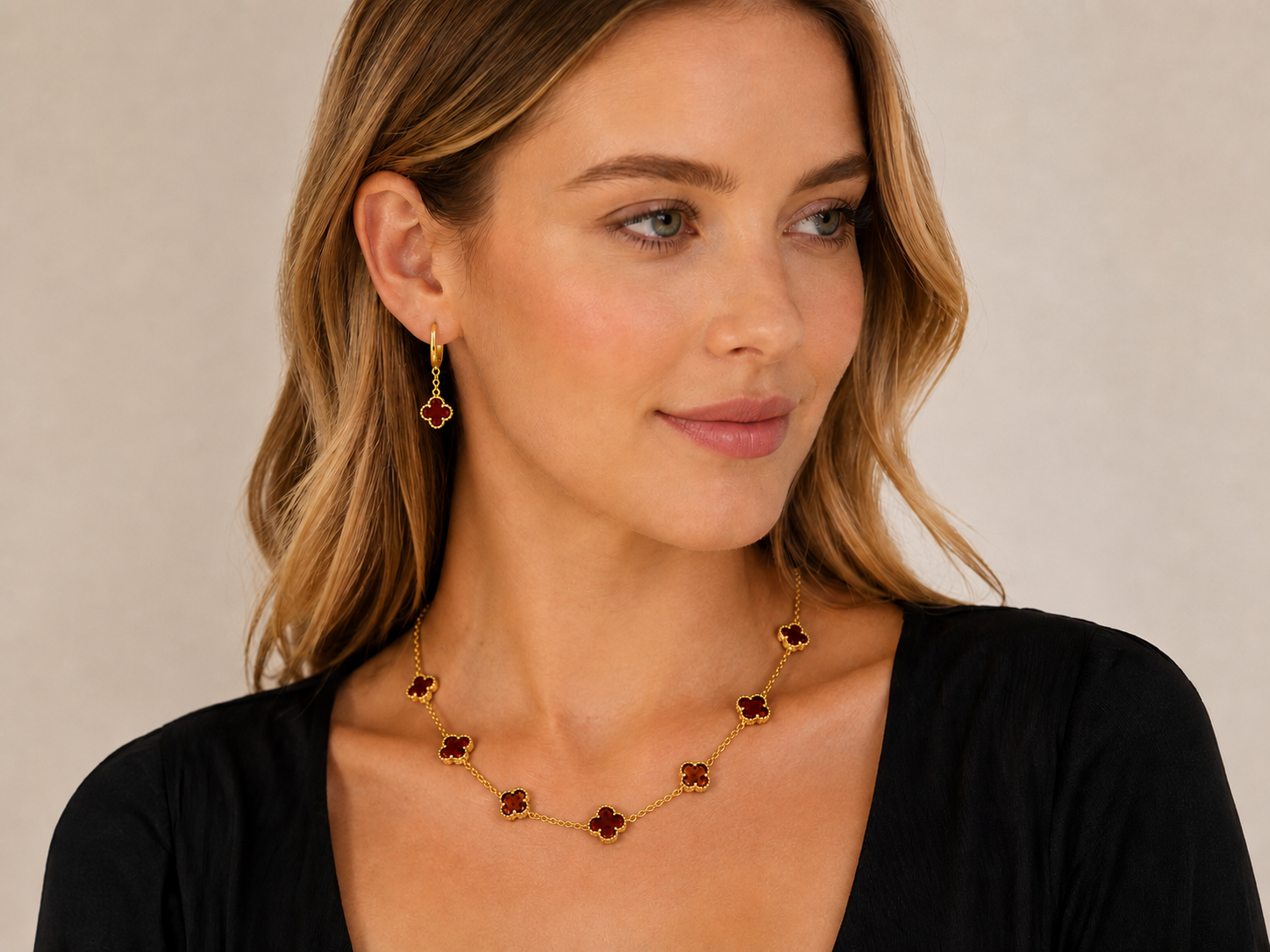 Baltic Amber Clover Jewelry Set – Gold Plated Sterling Silver Necklace, Earrings or Pendant – Cognac Amber 