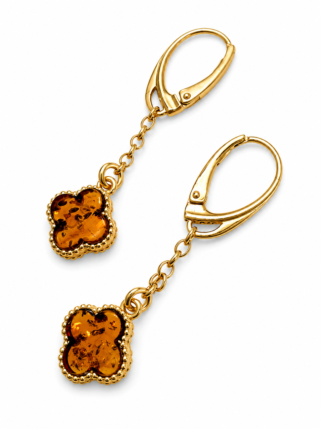 Baltic Amber Clover Jewelry Set – Gold Plated Sterling Silver Necklace, Earrings or Pendant – Cognac Amber 