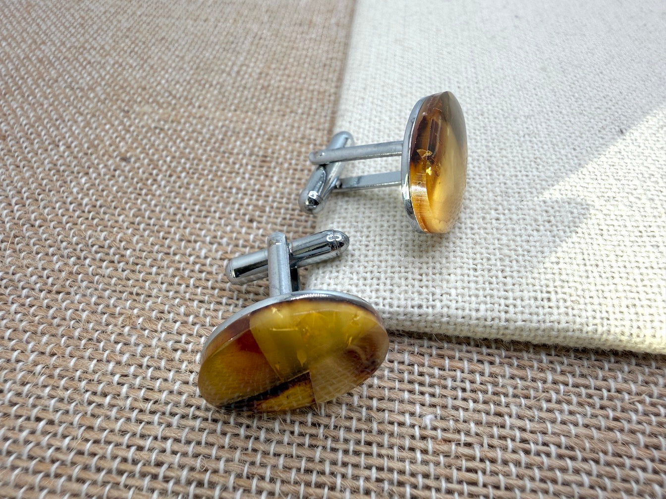 Baltic Amber Cufflinks – Mixed Color Amber Mosaic – Stainless Steel Oval Cuff Links