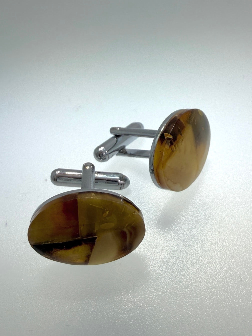 Baltic Amber Cufflinks – Mixed Color Amber Mosaic – Stainless Steel Oval Cuff Links