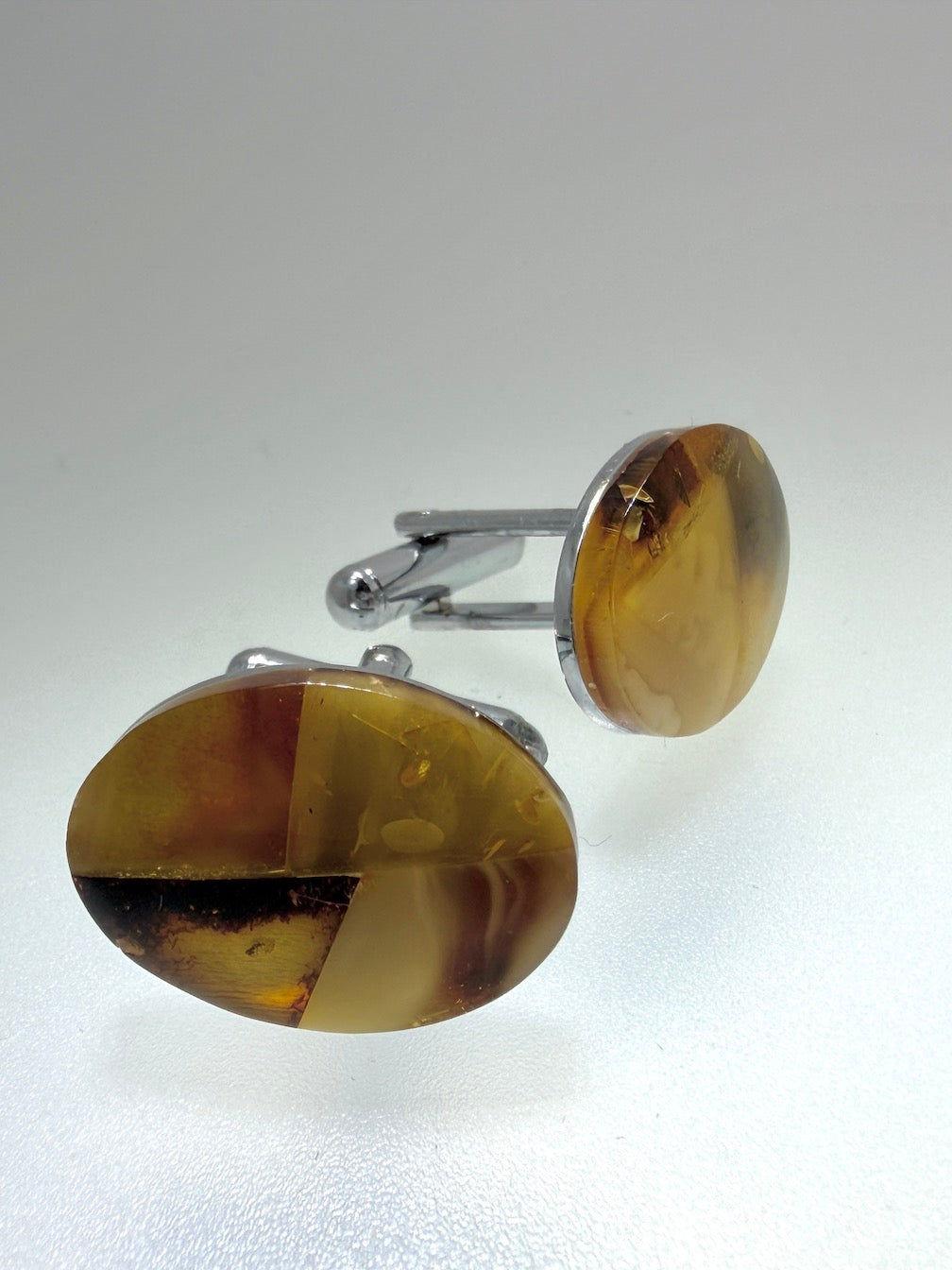 Baltic Amber Cufflinks – Mixed Color Amber Mosaic – Stainless Steel Oval Cuff Links