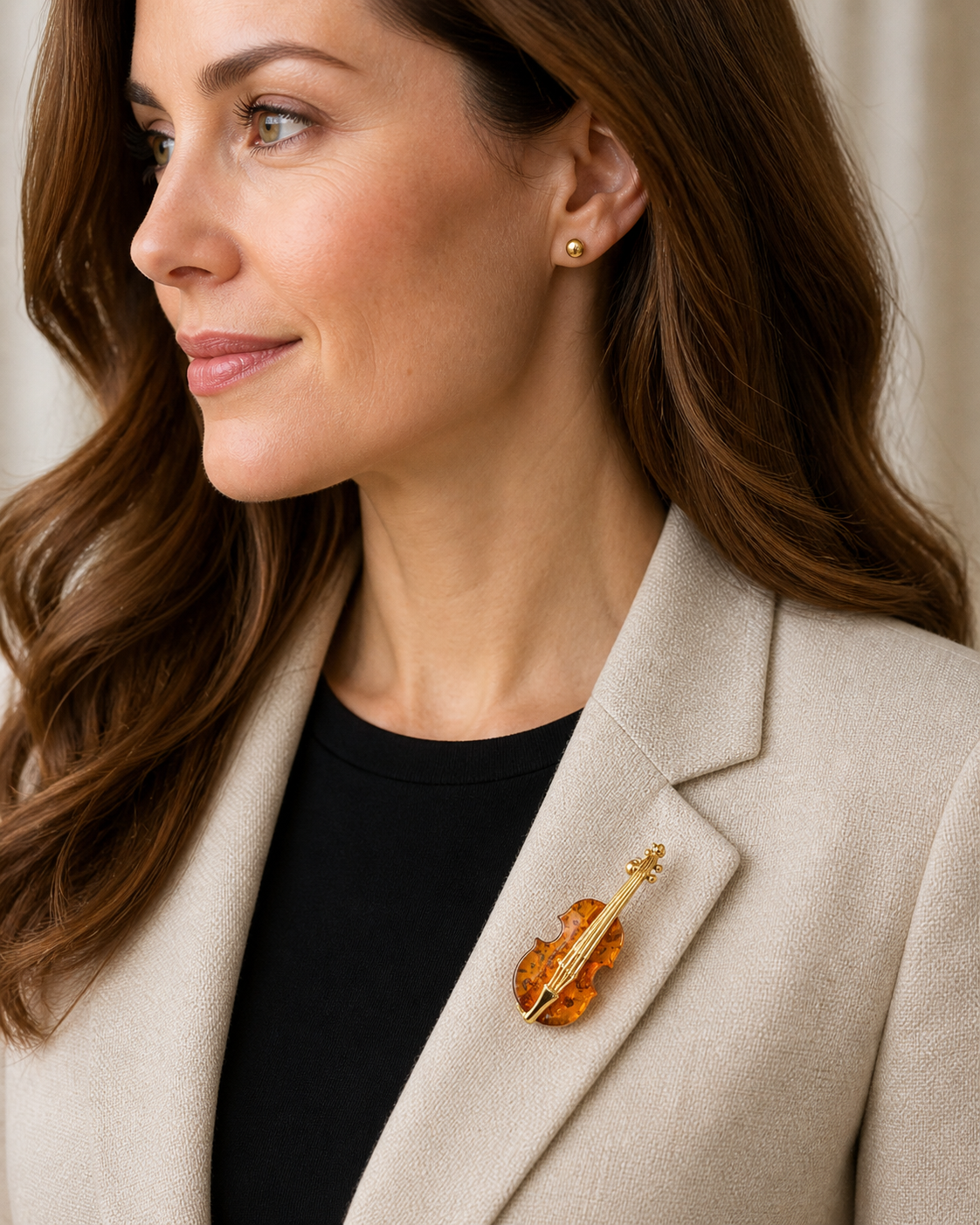 Baltic Amber Double Bass Brooch – 14 Karat Gold – Honey Cobaltic Amber – Music Instrument Pin – Made in Poland