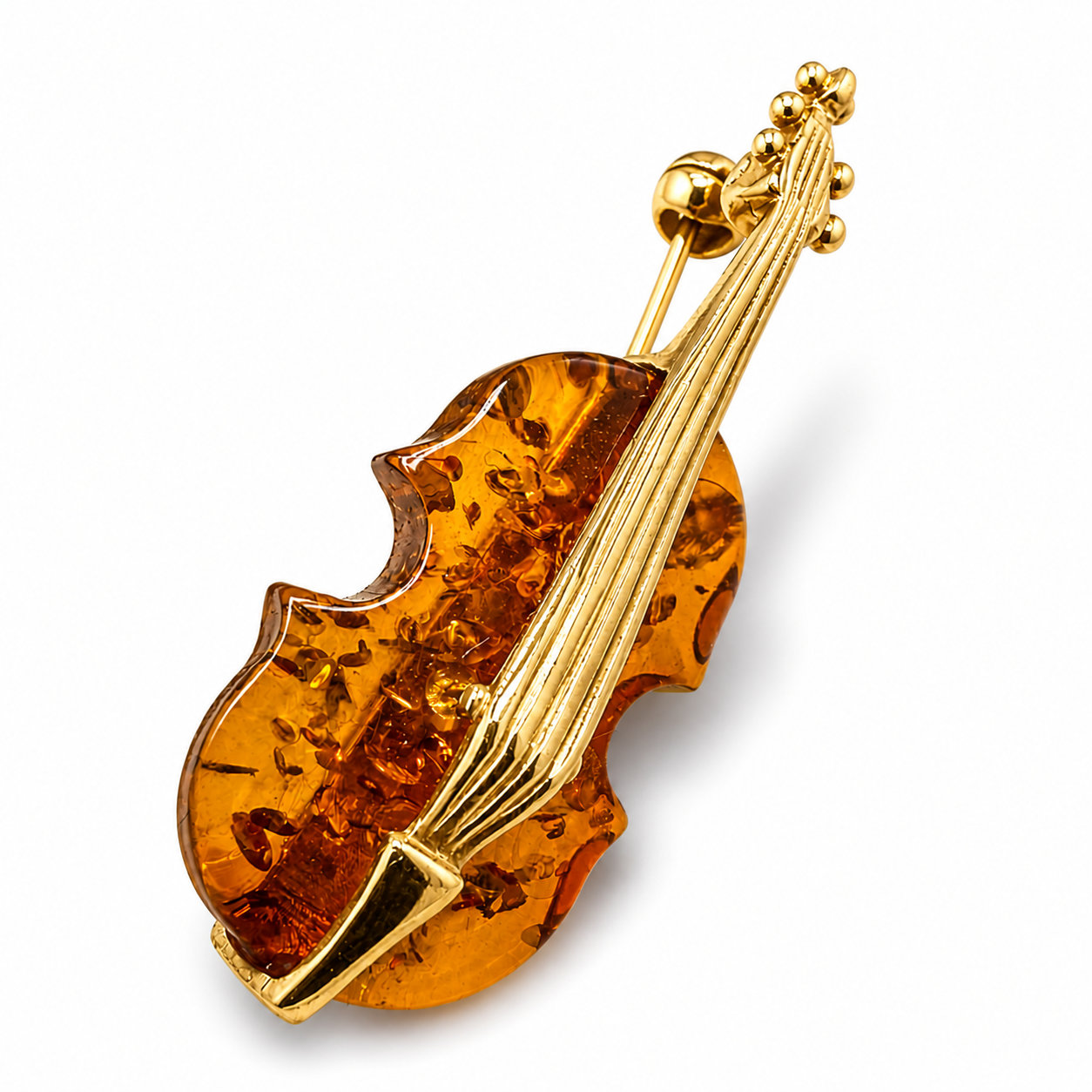 Baltic Amber Double Bass Brooch – 14 Karat Gold – Honey Cobaltic Amber – Music Instrument Pin – Made in Poland
