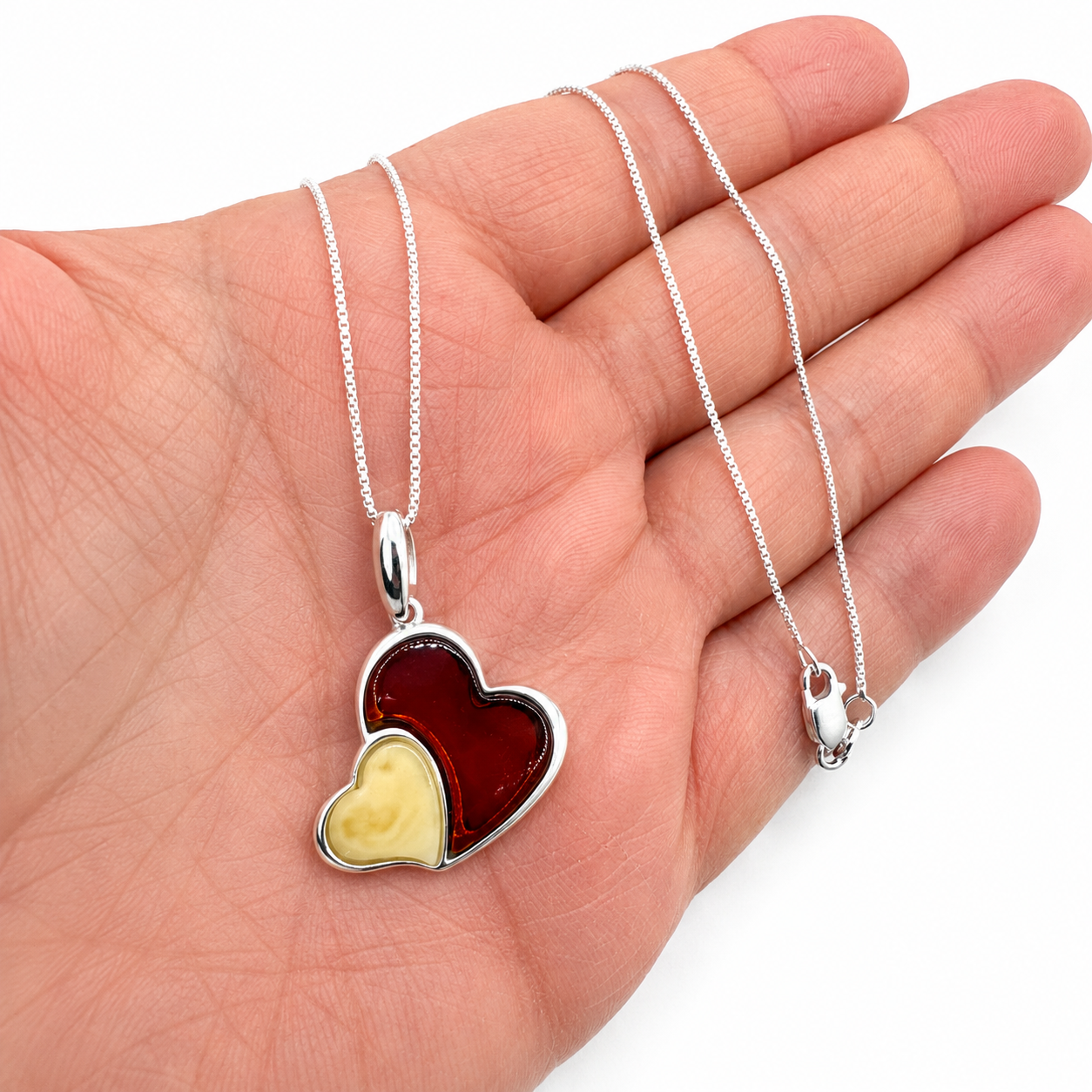 Baltic Amber Double Heart Pendant Set, Sterling Silver Honey & Butterscotch Amber Necklace and Matching Lever Back Earrings