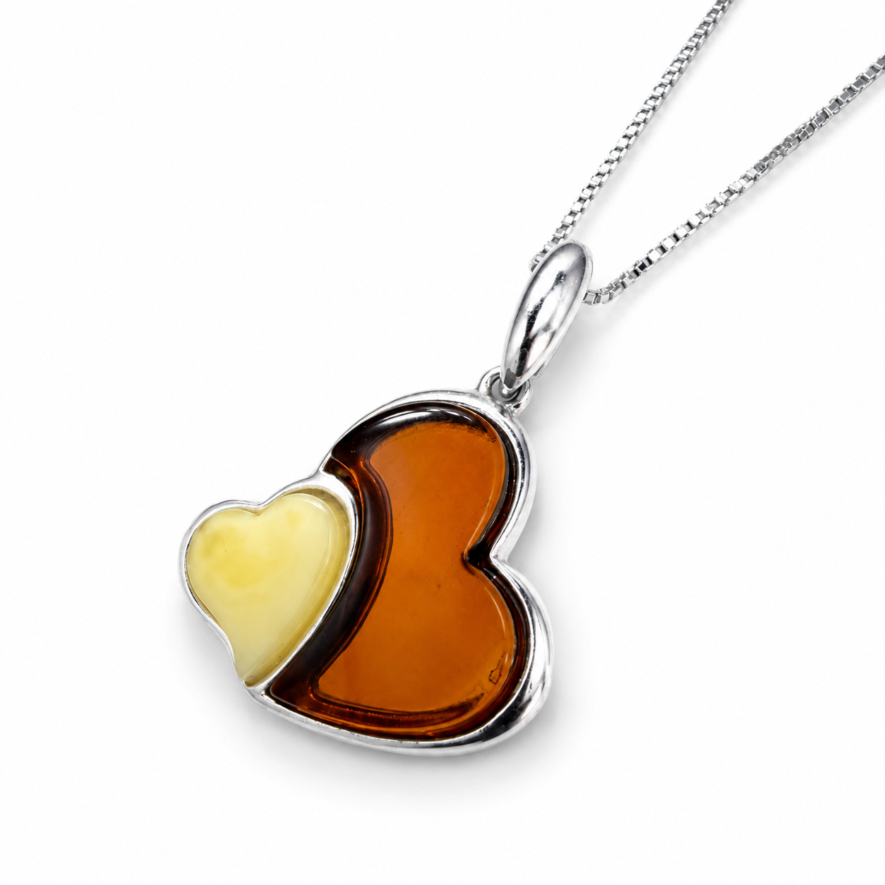 Baltic Amber Double Heart Pendant Set, Sterling Silver Honey & Butterscotch Amber Necklace and Matching Lever Back Earrings