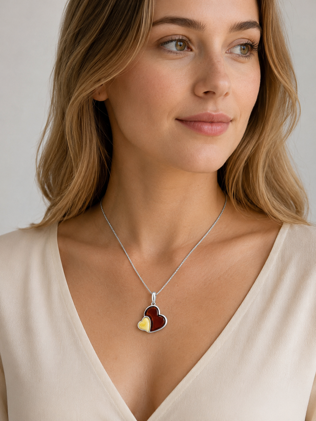 Baltic Amber Double Heart Pendant Set, Sterling Silver Honey & Butterscotch Amber Necklace and Matching Lever Back Earrings