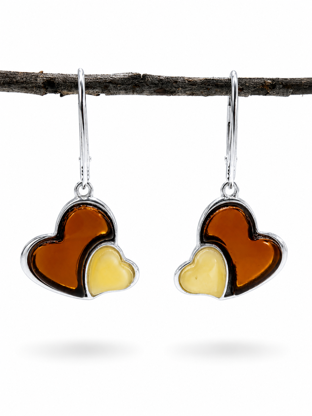 Baltic Amber Double Heart Pendant Set, Sterling Silver Honey & Butterscotch Amber Necklace and Matching Lever Back Earrings