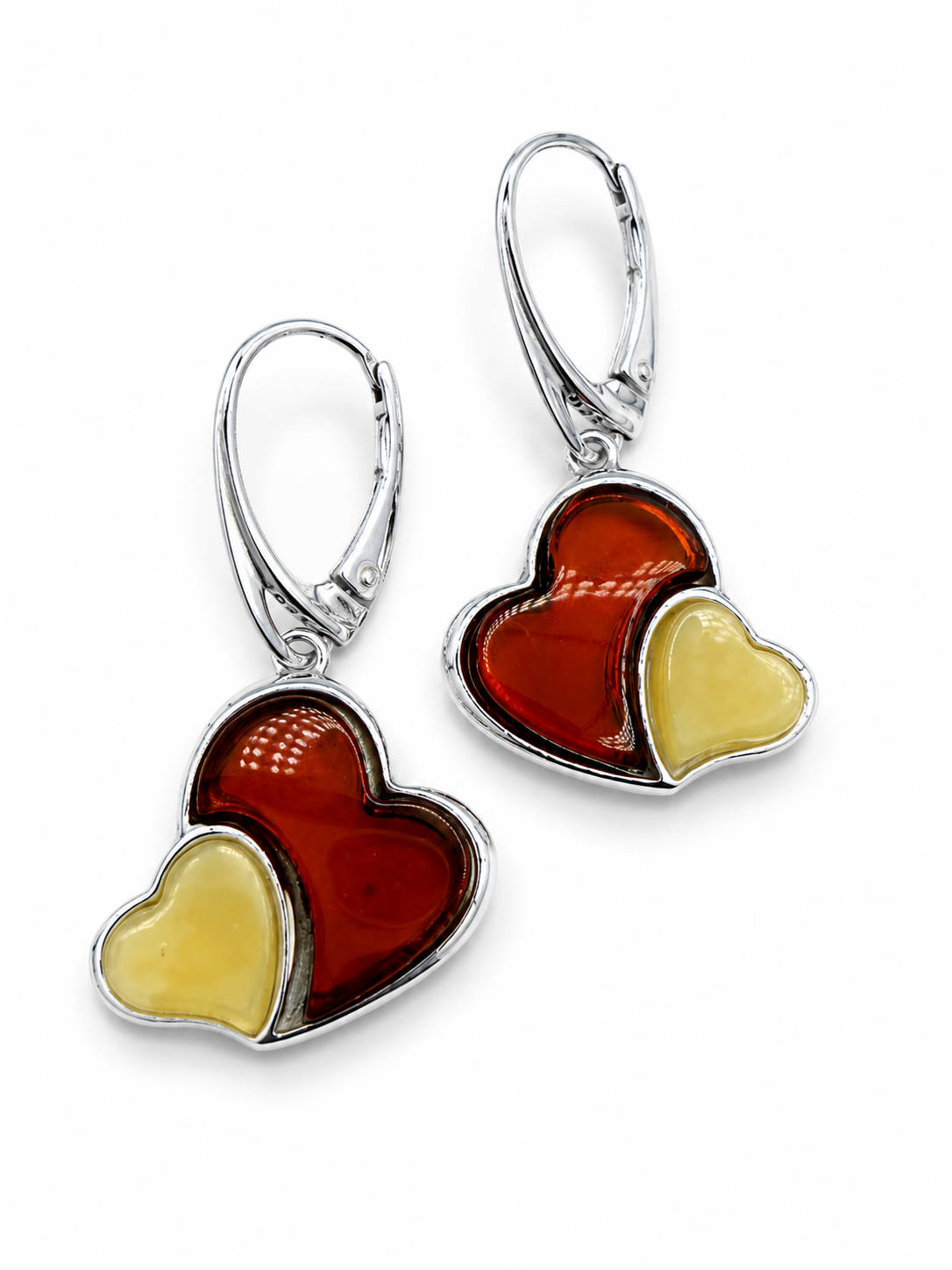Baltic Amber Double Heart Pendant Set, Sterling Silver Honey & Butterscotch Amber Necklace and Matching Lever Back Earrings