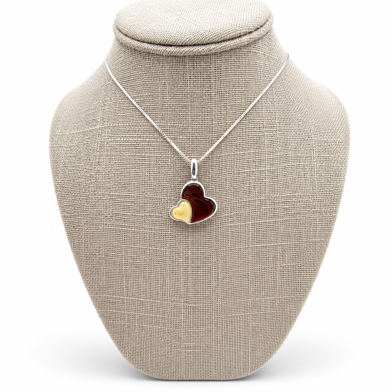 Baltic Amber Double Heart Pendant Set, Sterling Silver Honey & Butterscotch Amber Necklace and Matching Lever Back Earrings