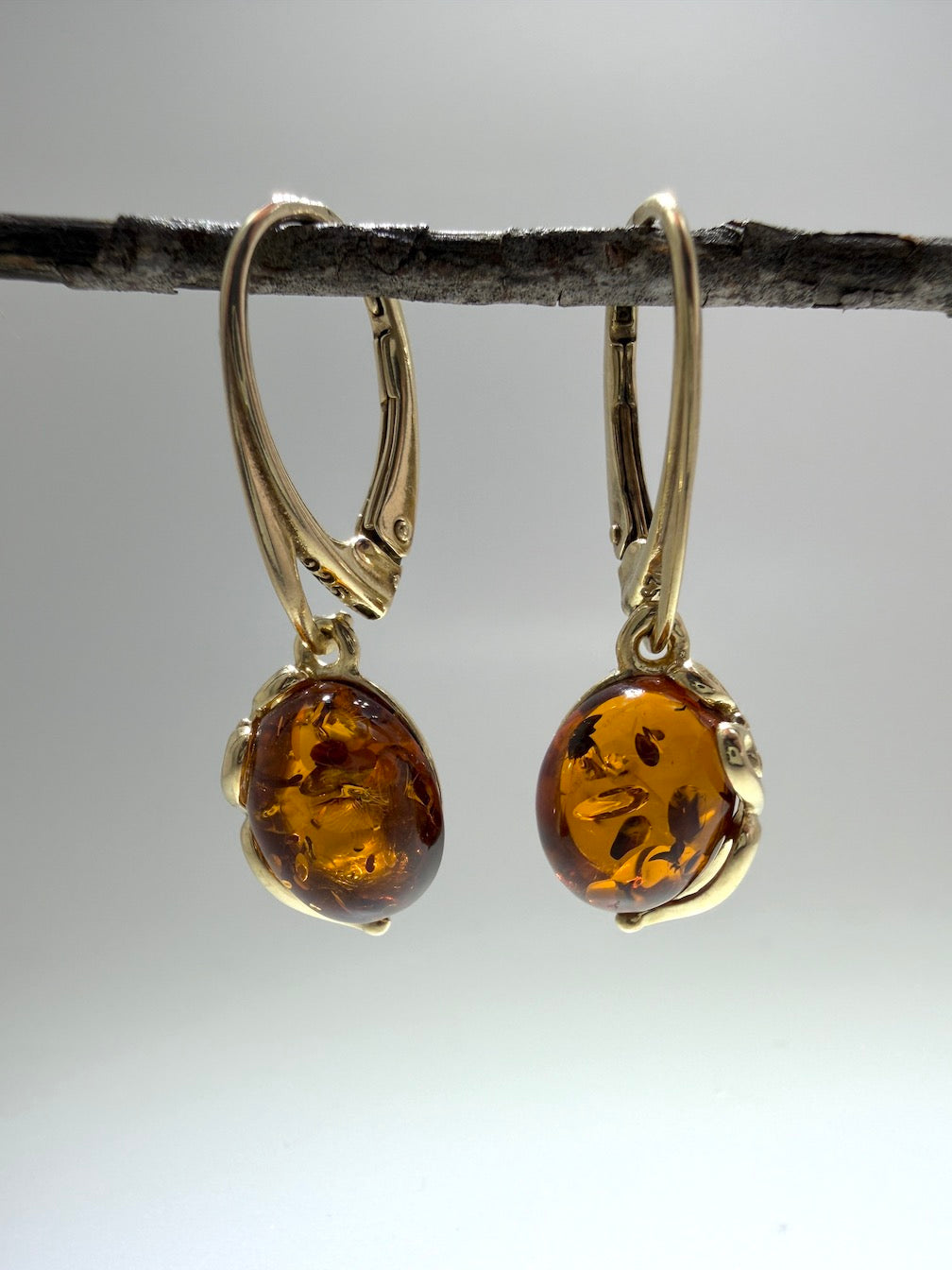 Baltic Amber Drop Lever Back Earrings | Floral Oval Cab | Sterling Silver or Gold Plated